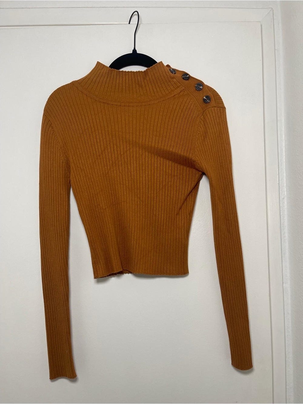 Active USA Ribbed Mock Neck Button-Shoulder Sweater Crop Top